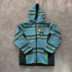 Marvel Blue and Green Striped Boys Hoodie w Three Marvel Character’s  Size 7
